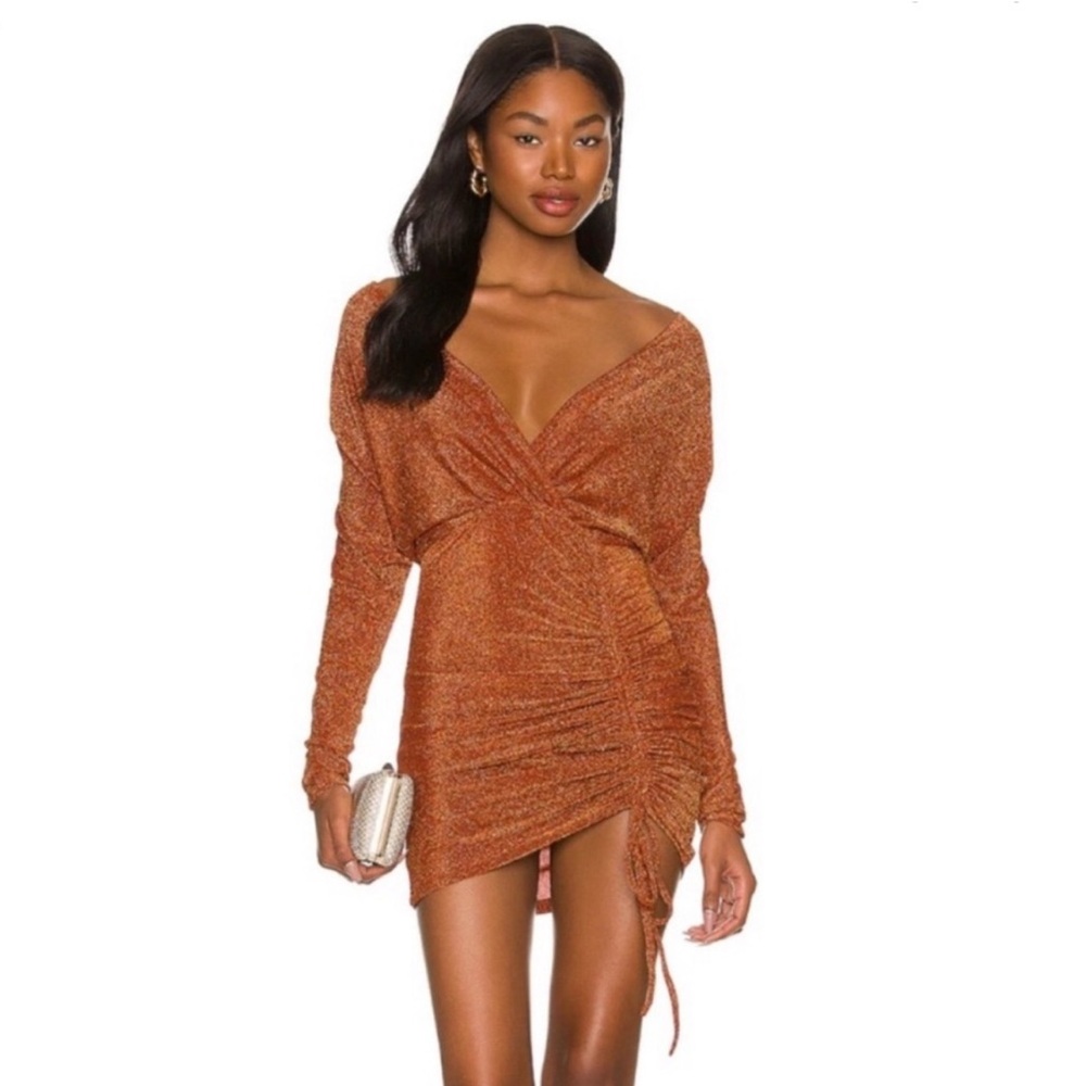 Superdown Orange Ruched Wrap Mini Dress with Plunge Neckline